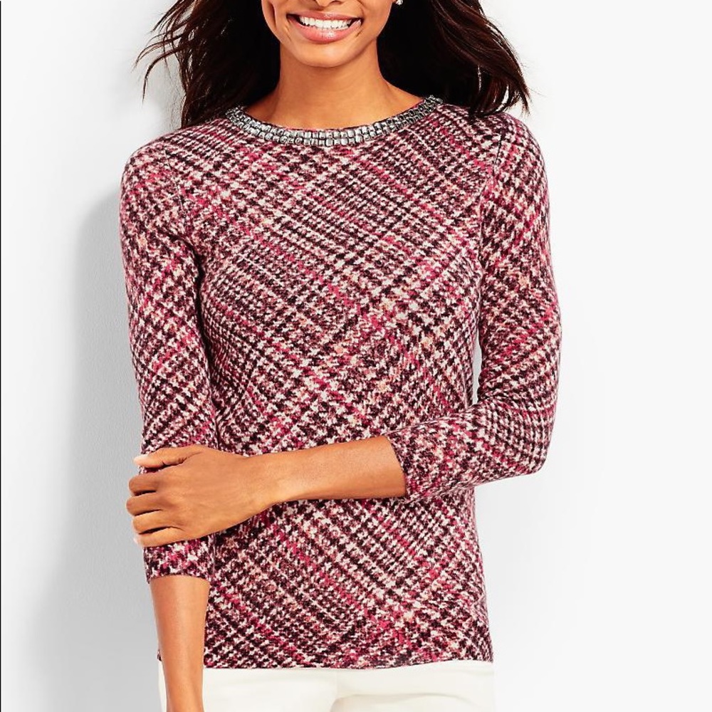 Talbots jewel neck cashmere Glenn plaid sweater size M